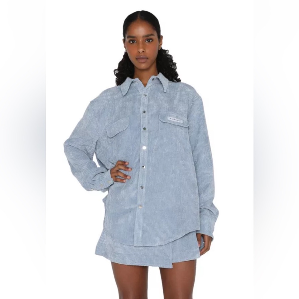 My Mum Made It Corduroy Pocket Oversized Shirt Sz XS-S Blue